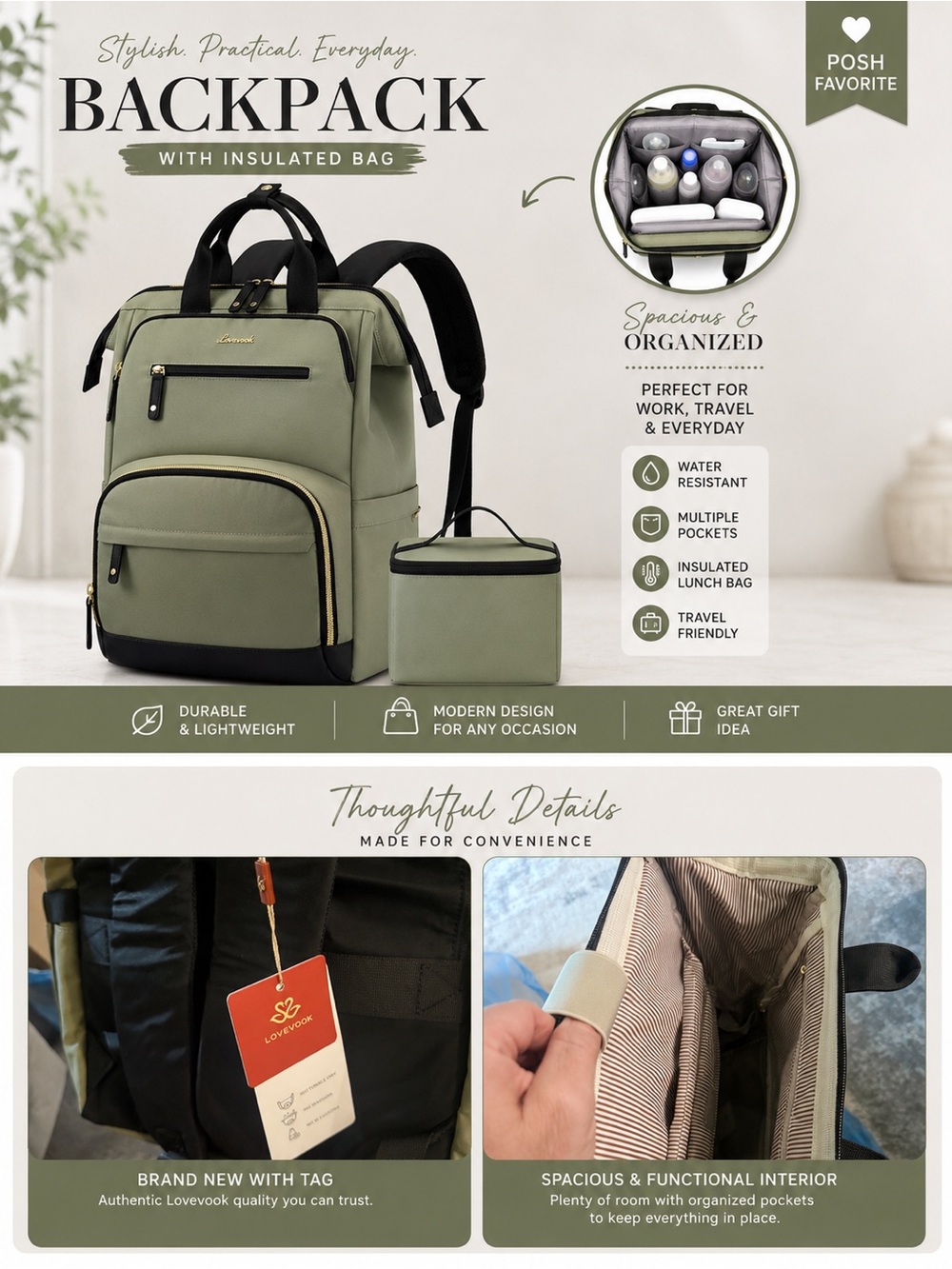 Lovevook Olive Green Insulated Backpack - Women's Travel & Work Bag